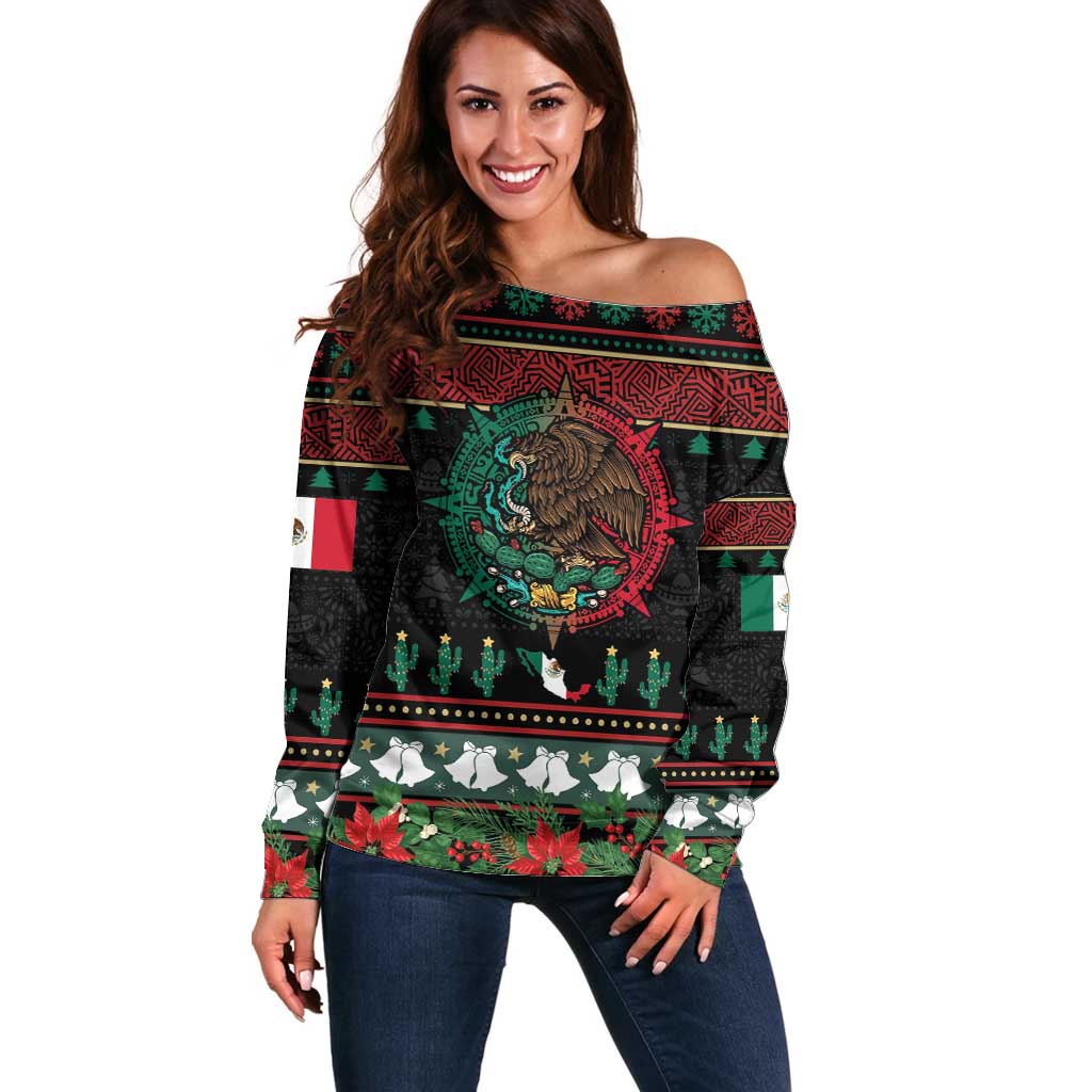 Mexican Christmas Off Shoulder Sweater Feliz Navidad Aztec Eagle Emblem and Poinsettia - Wonder Print Shop