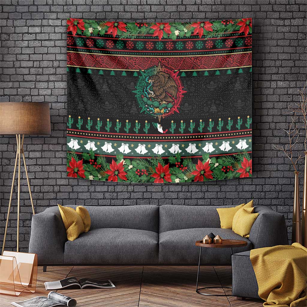 Mexican Christmas Tapestry Feliz Navidad Aztec Eagle Emblem and Poinsettia