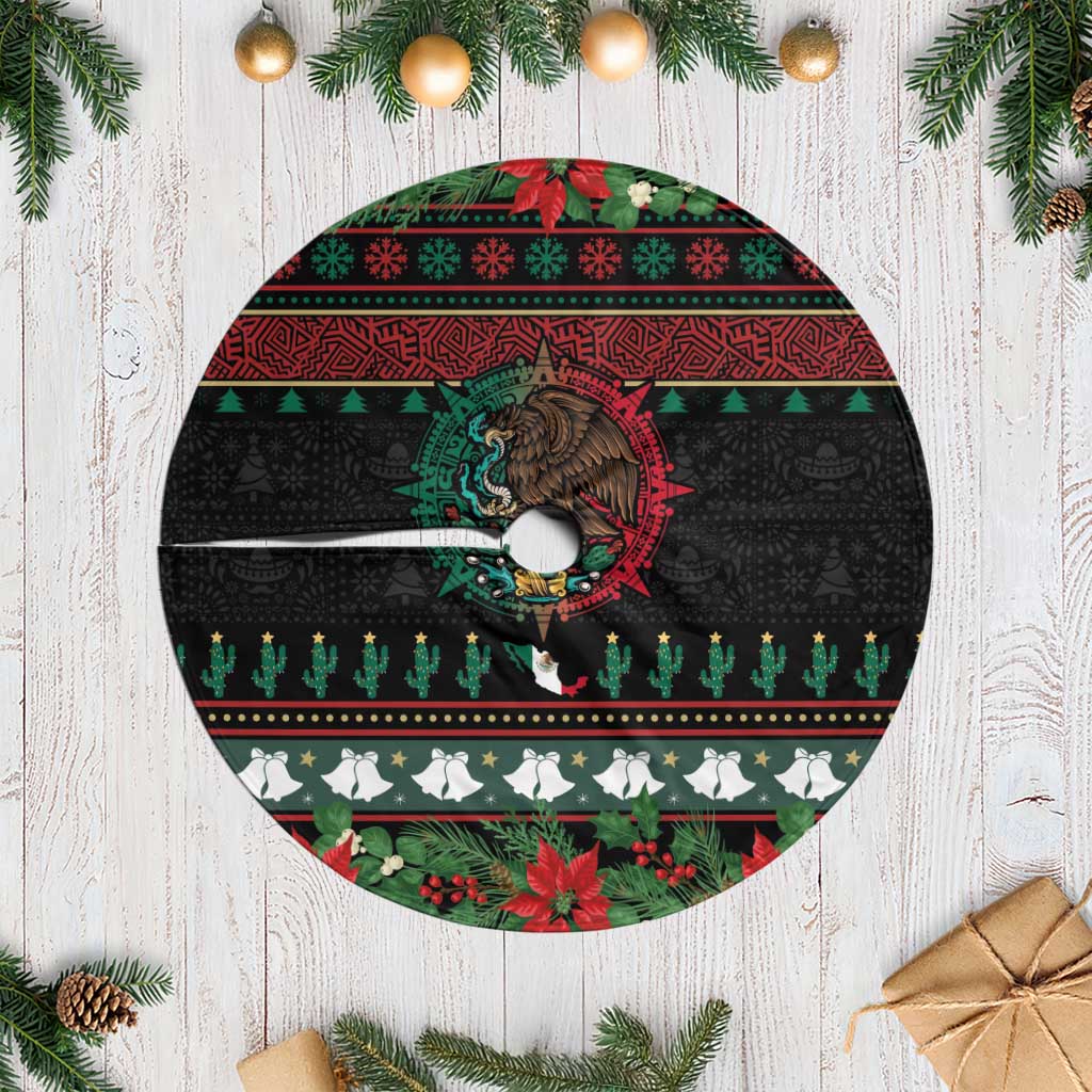 Black Christmas tree skirt with eagle emblem, Aztec patterns, red & green poinsettias