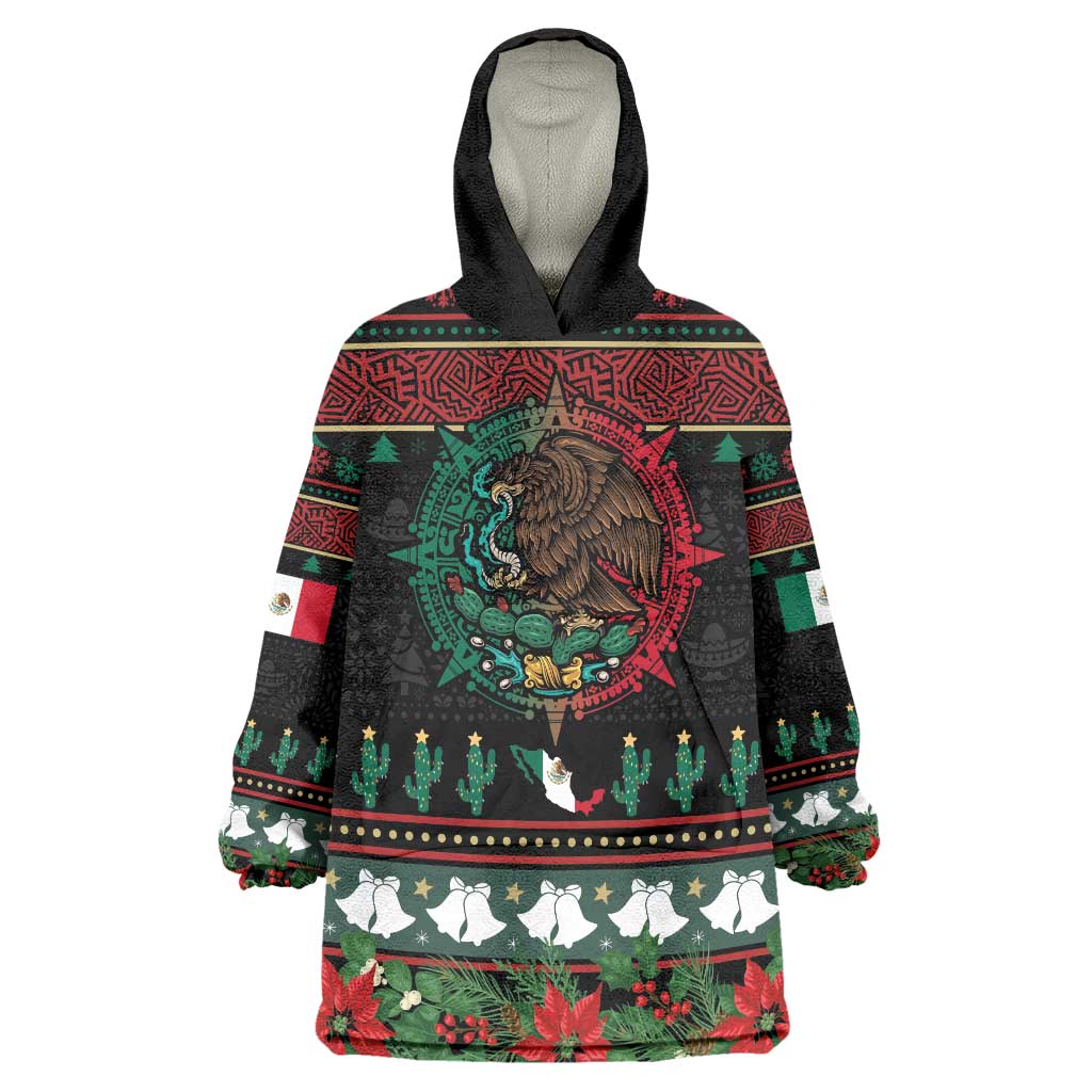 Mexican Christmas Wearable Blanket Hoodie Feliz Navidad Aztec Eagle Emblem and Poinsettia - Wonder Print Shop