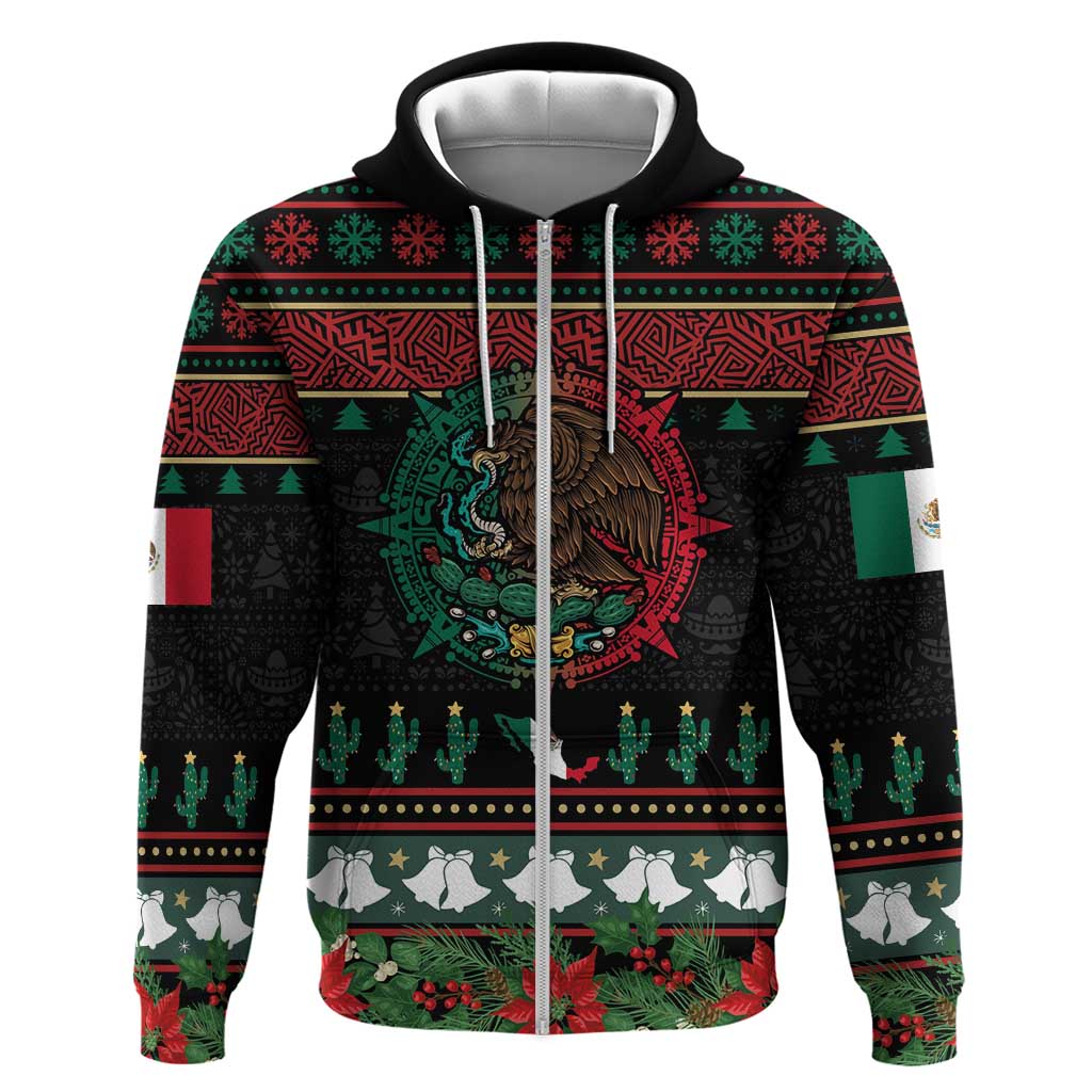 Mexican Christmas Zip Hoodie Feliz Navidad Aztec Eagle Emblem and Poinsettia - Wonder Print Shop