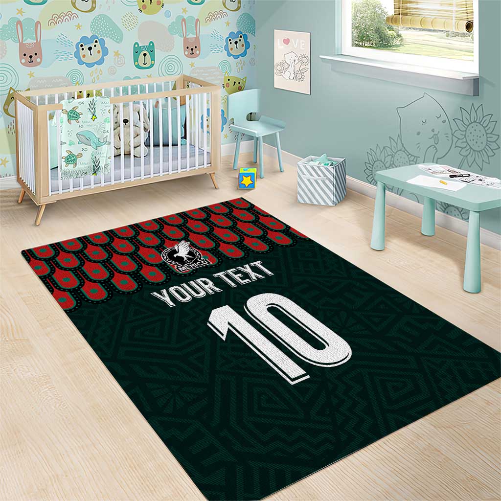 Dark green area rug with red border pattern, white number 10 and YOUR TEXT