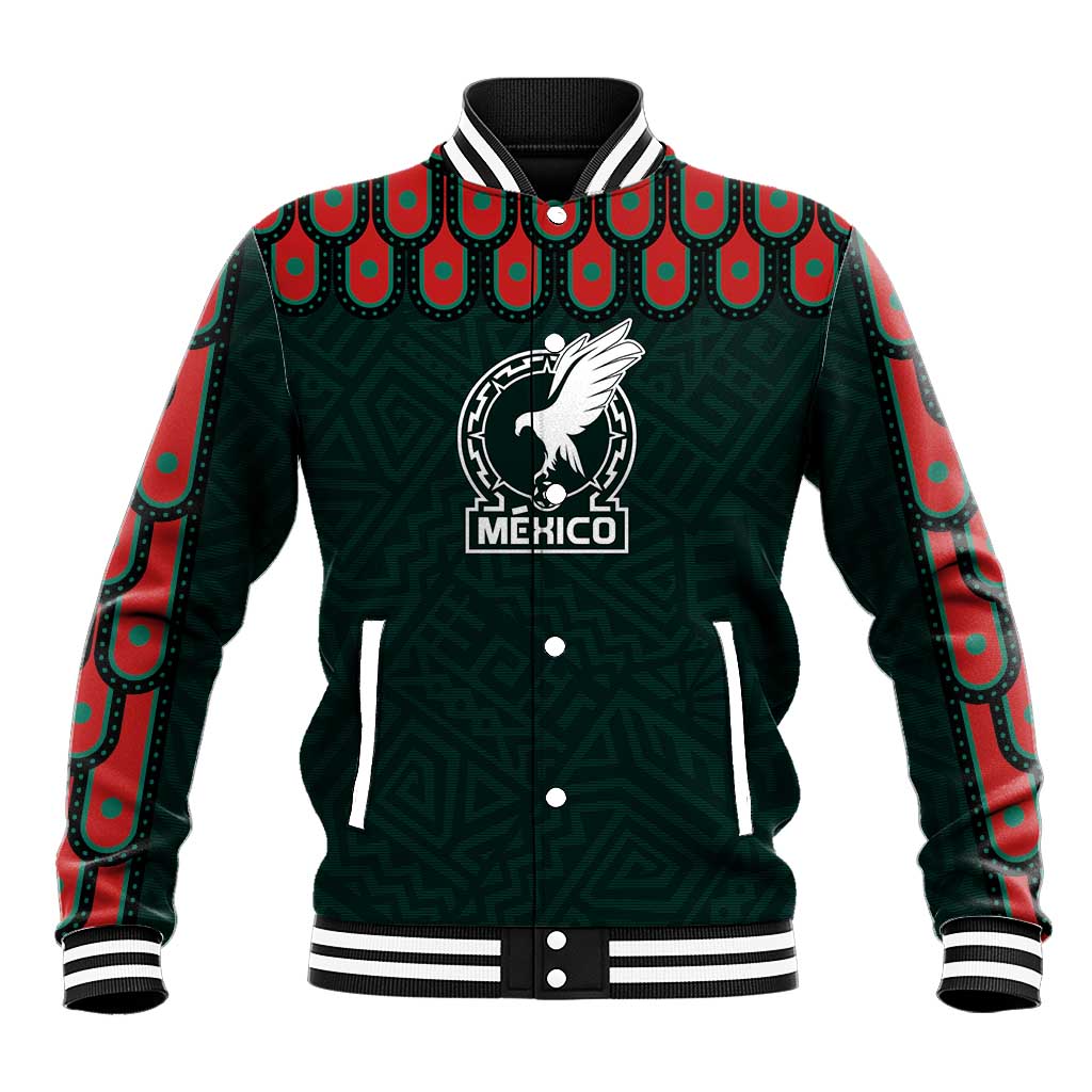 Dark green varsity baseball jacket with Mexico crest, striped rib collar and button front