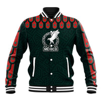 Dark green varsity baseball jacket with Mexico crest, striped rib collar and button front