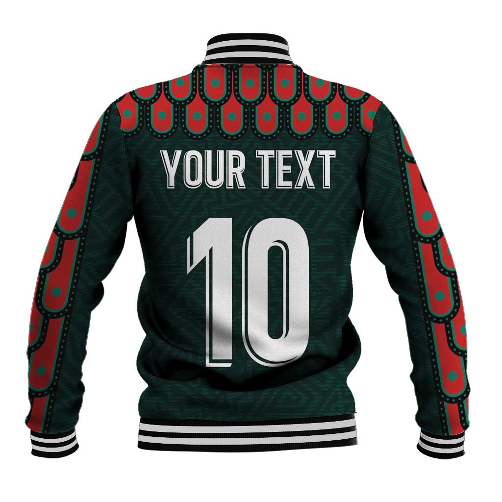 Dark green back of varsity jacket with YOUR TEXT, large number 10, striped rib collar