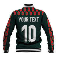 Dark green back of varsity jacket with YOUR TEXT, large number 10, striped rib collar