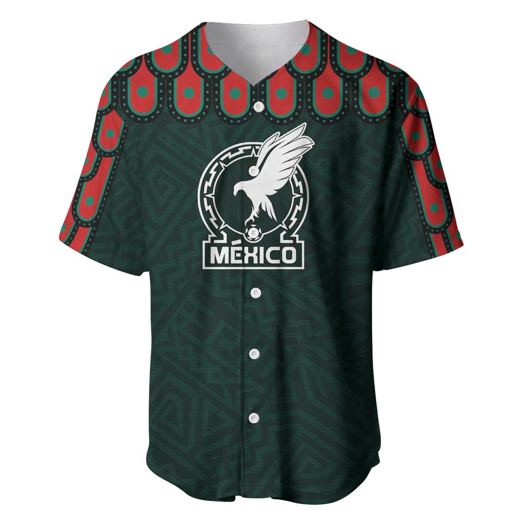 Dark green baseball jersey with Mexico eagle logo, red/teal trim, button front