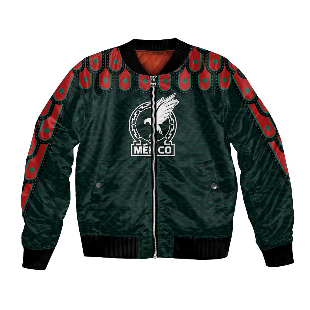 Dark green bomber jacket with zipper front, team-style logo and patterned sleeves