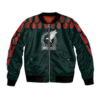 Dark green bomber jacket with zipper front, team-style logo and patterned sleeves