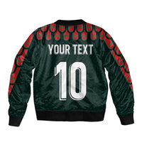 Dark green bomber jacket back with YOUR TEXT and large 10 number, patterned sleeves