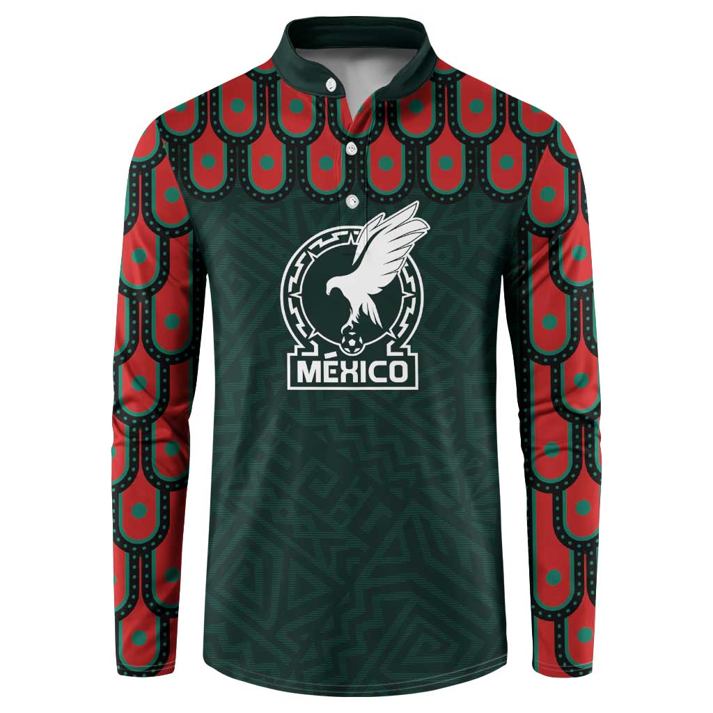 Dark green long-sleeve football jersey with Mexico crest and red trim button placket