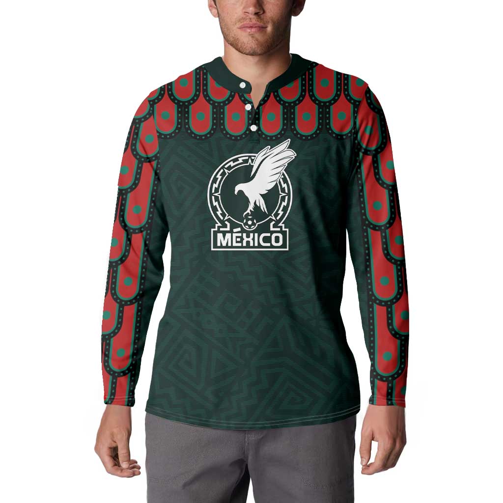 Dark green long-sleeve jersey worn by model with Mexico crest and patterned sleeves