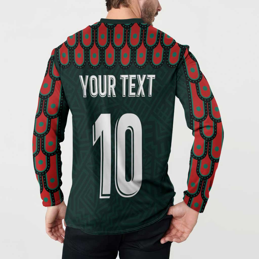 Dark green long-sleeve jersey back with "YOUR TEXT 10" and red-and-teal sleeve pattern
