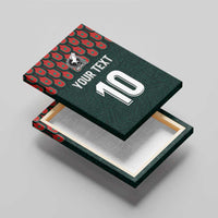 3D view of dark green canvas wall art on base, showing Mexico logo, “YOUR TEXT”, “10”
