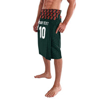 Dark green football jersey shorts with red patterned waistband and number 10