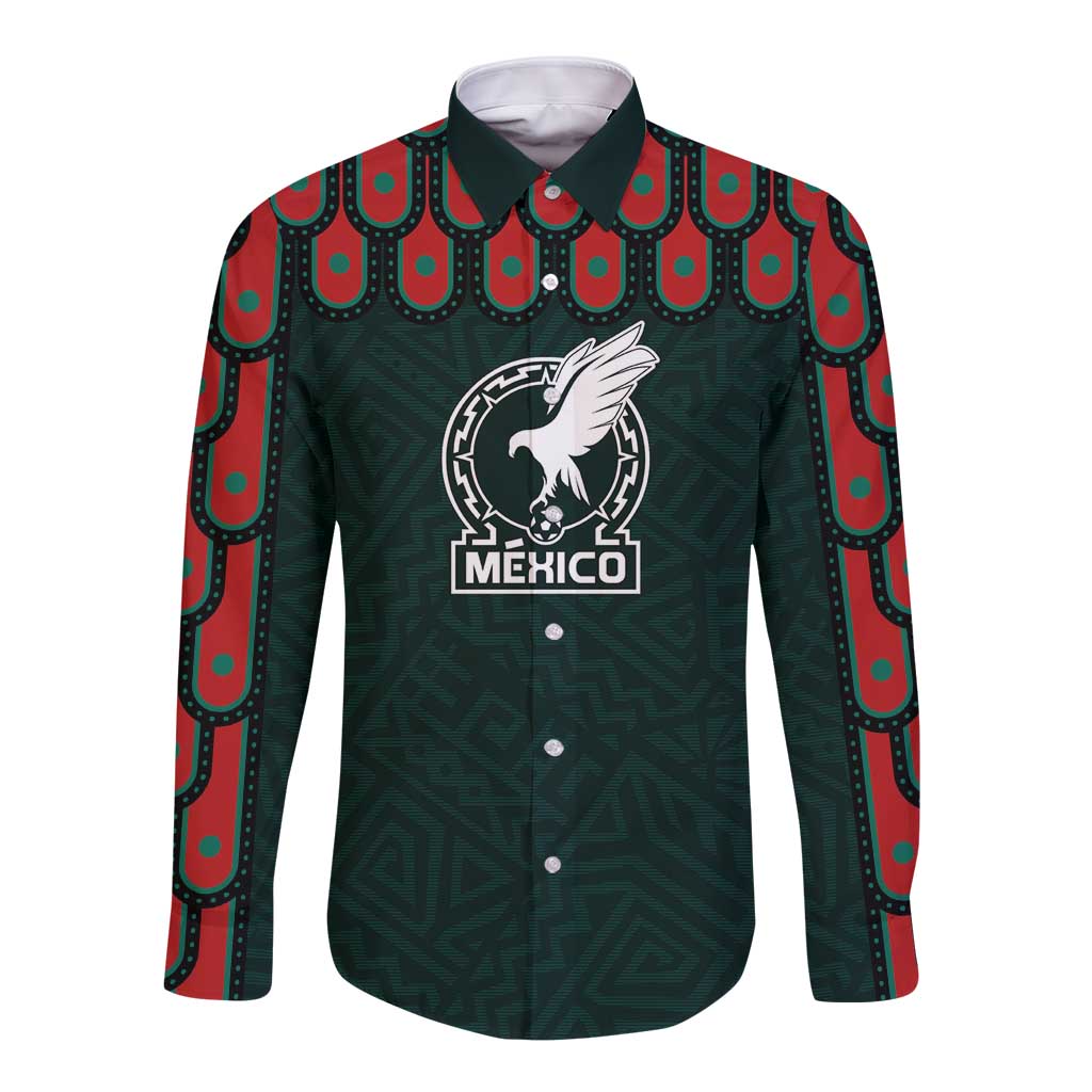 Dark green long-sleeve button football jersey with Mexico crest and ornate trim