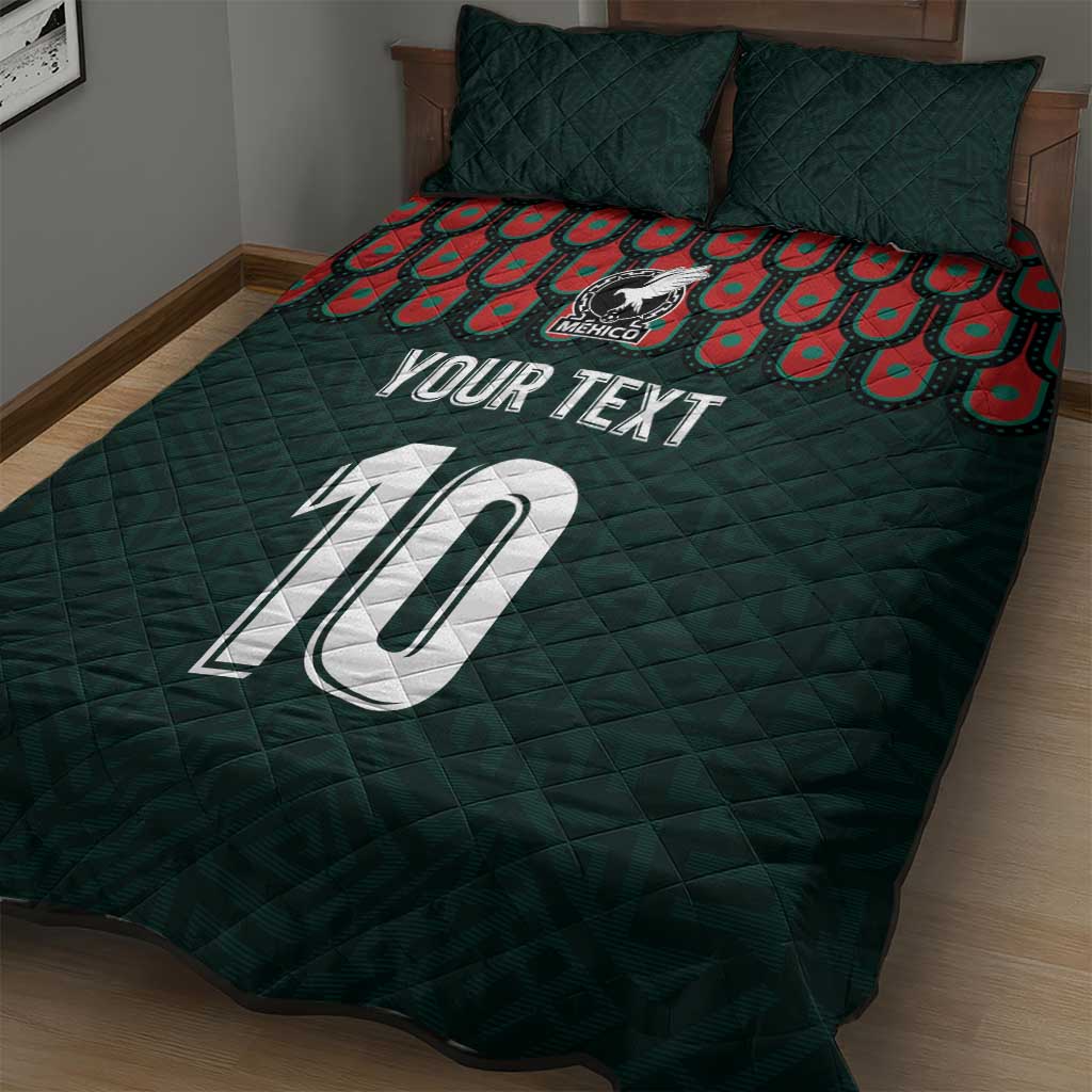 Dark green quilt bed set with Mexico crest and large 110 graphic, quilted comforter