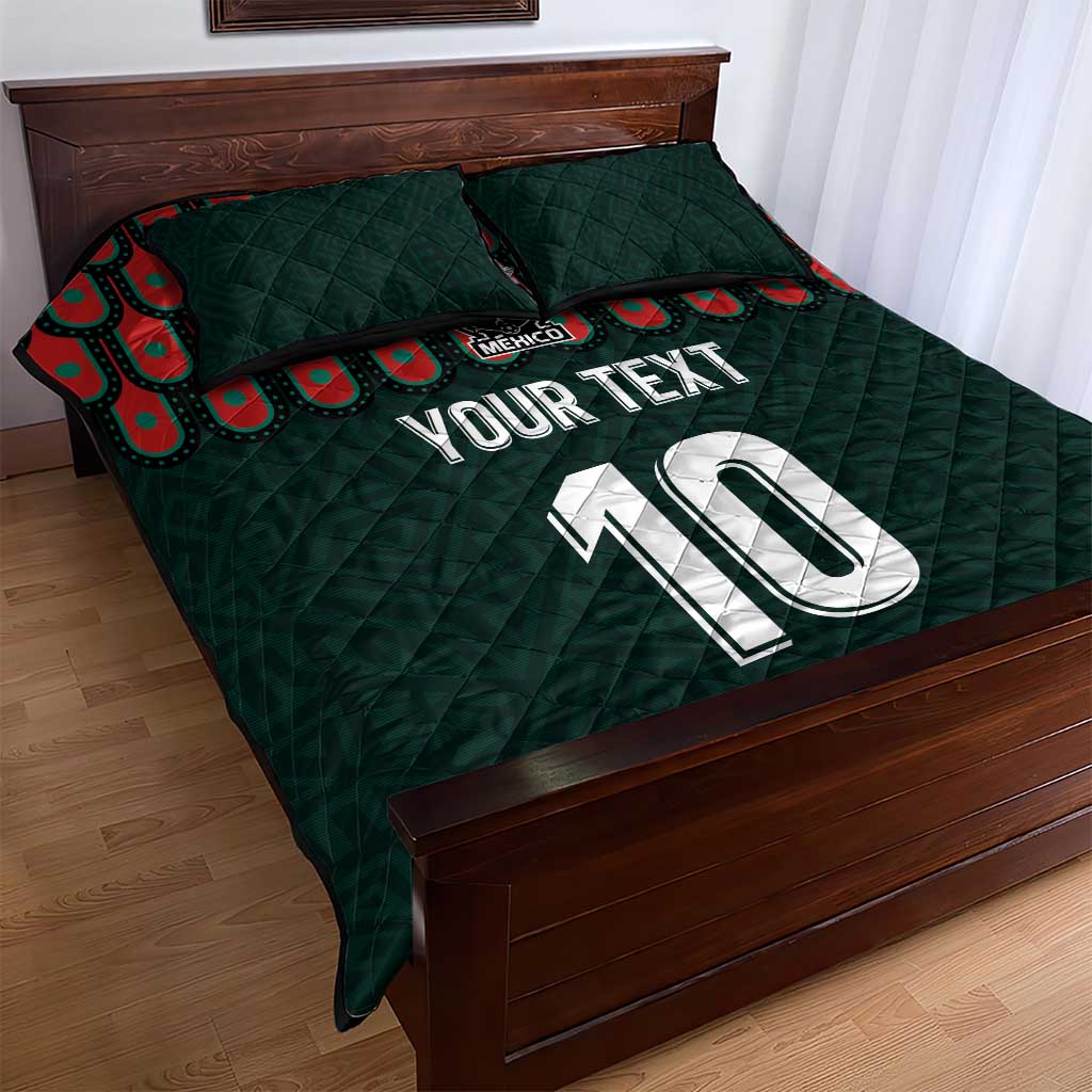 Dark green quilt bed set with Mexico crest, YOUR TEXT, and large 10 graphic, quilted bedding