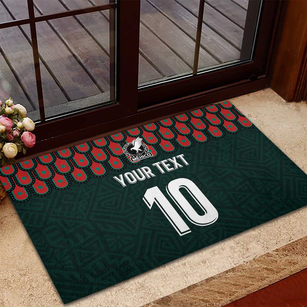 Dark green rubber doormat with red scallop border, crest and YOUR TEXT with number 10