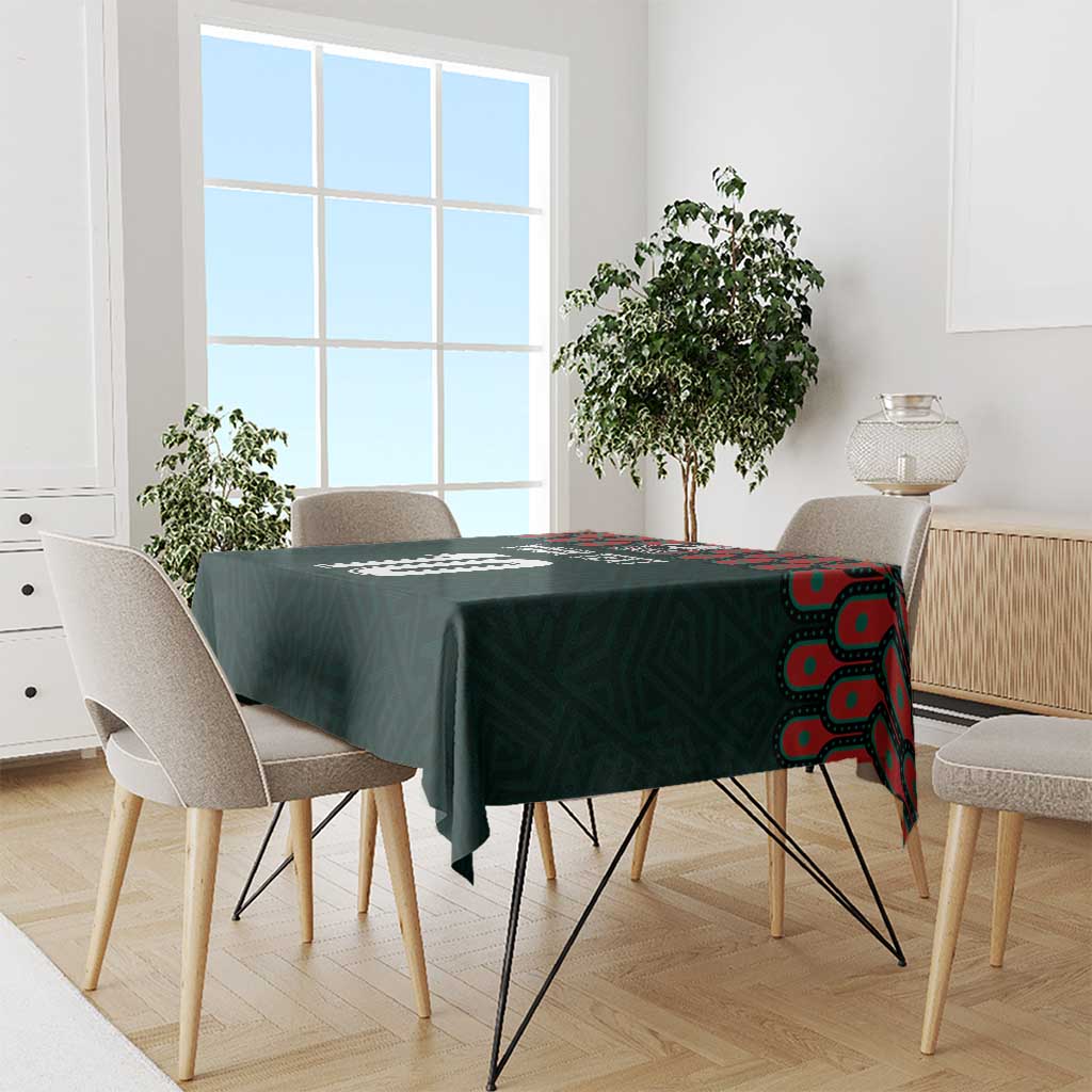 Dark green rectangular tablecloth with football-style pattern and side panel accents