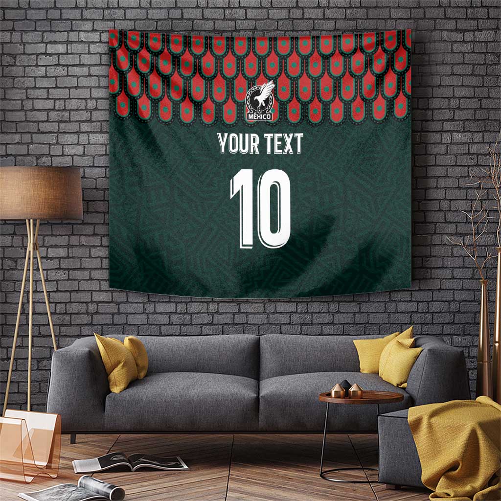 Dark green wall tapestry with red patterned border, Mexico emblem, and number 10