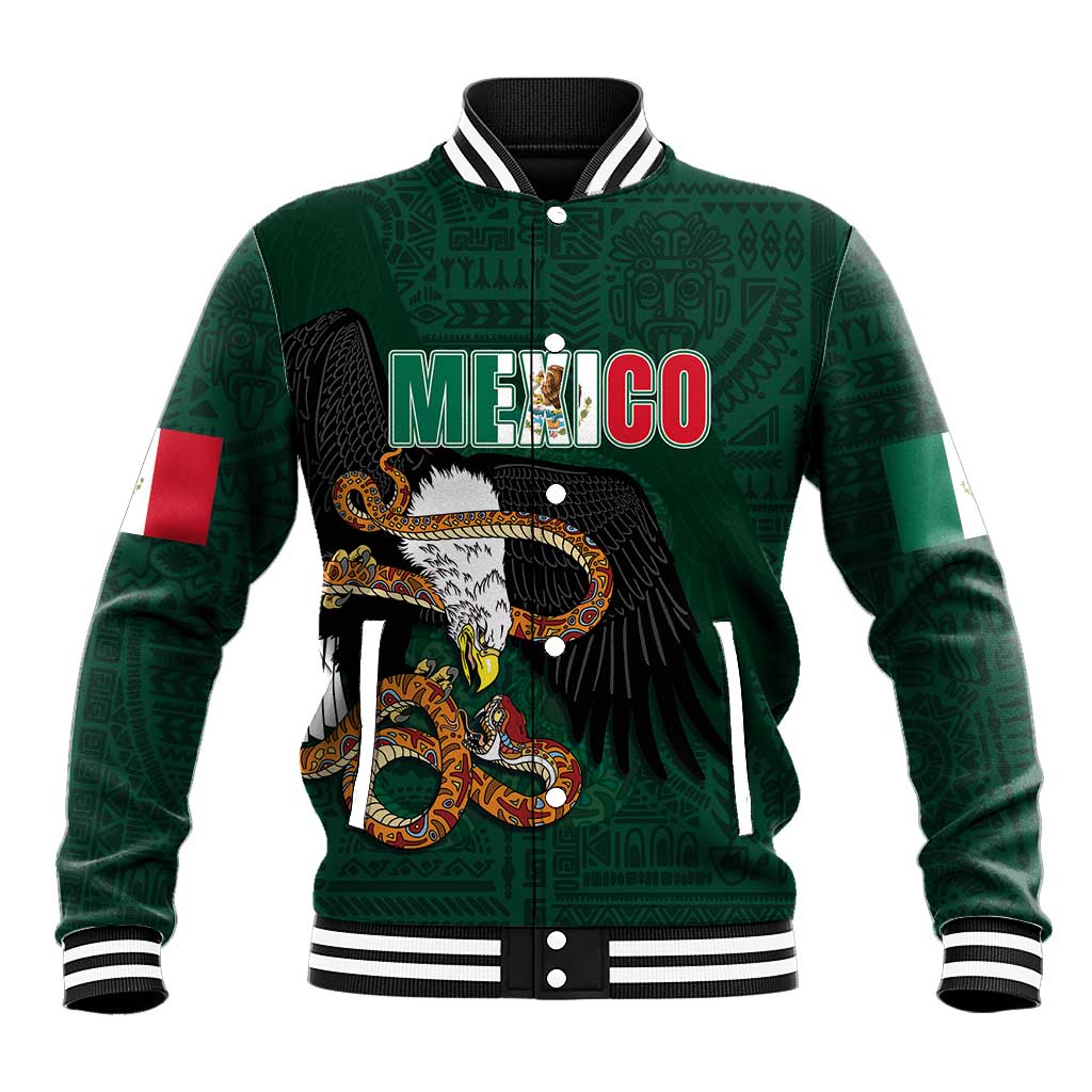Green baseball jacket with Mexico eagle front graphic, snap buttons, striped rib trim