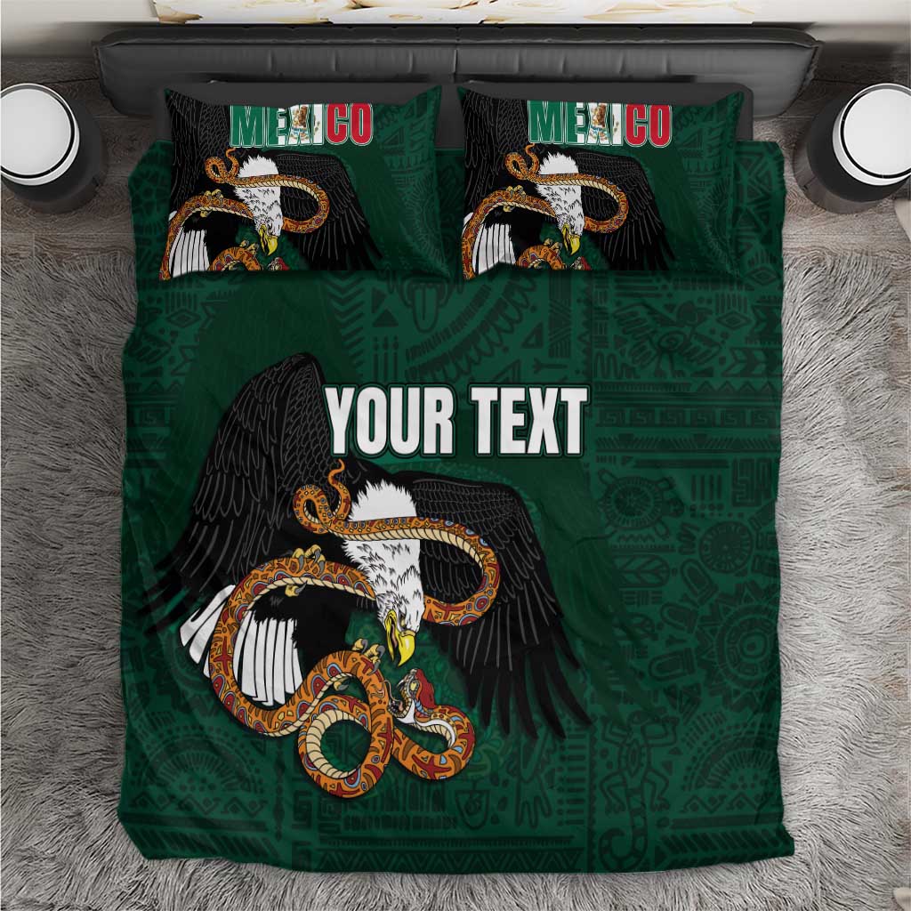 Green personalized bedding set with eagle emblem and dark geometric pattern