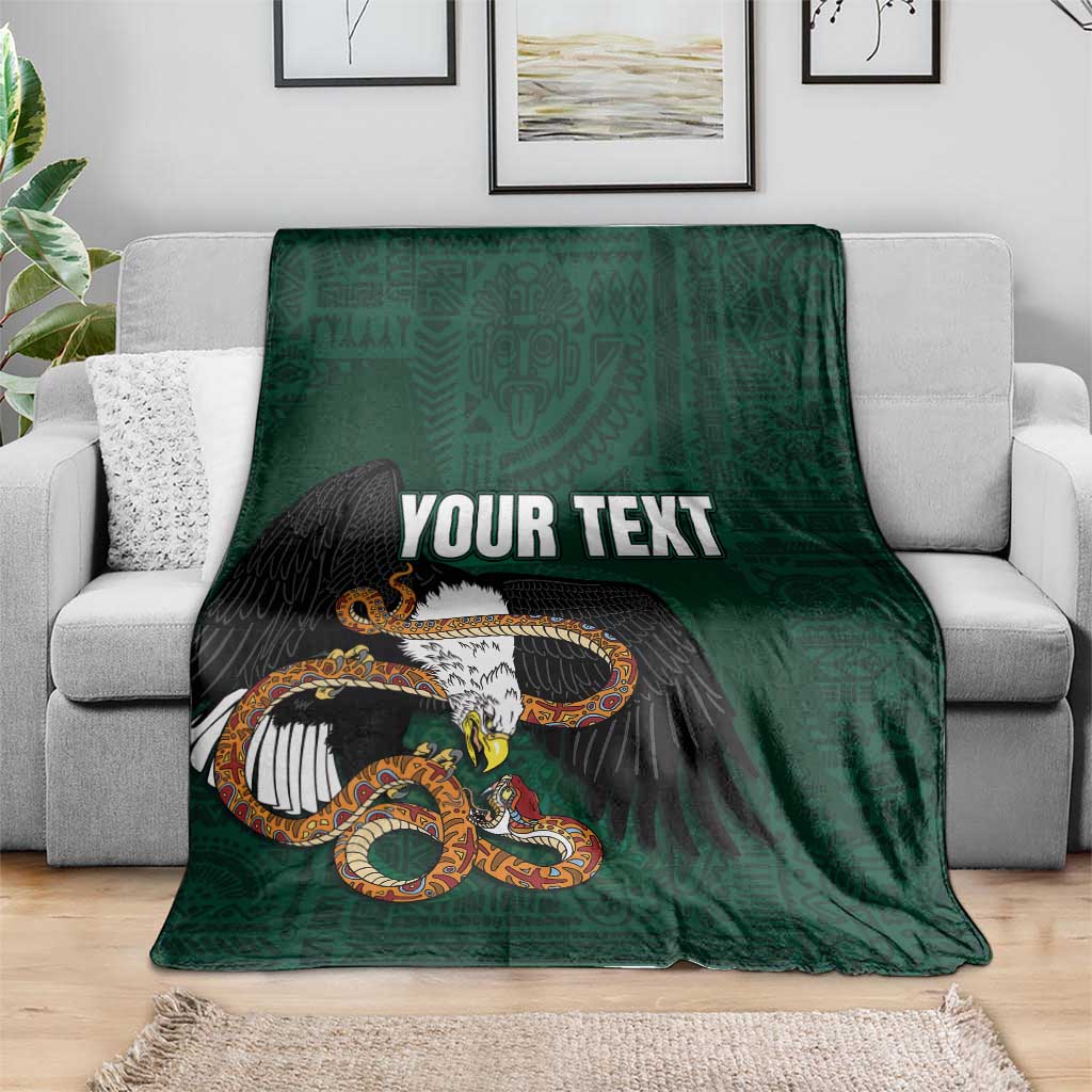 Green throw blanket on sofa with eagle-and-serpent graphic and 'YOUR TEXT' text.