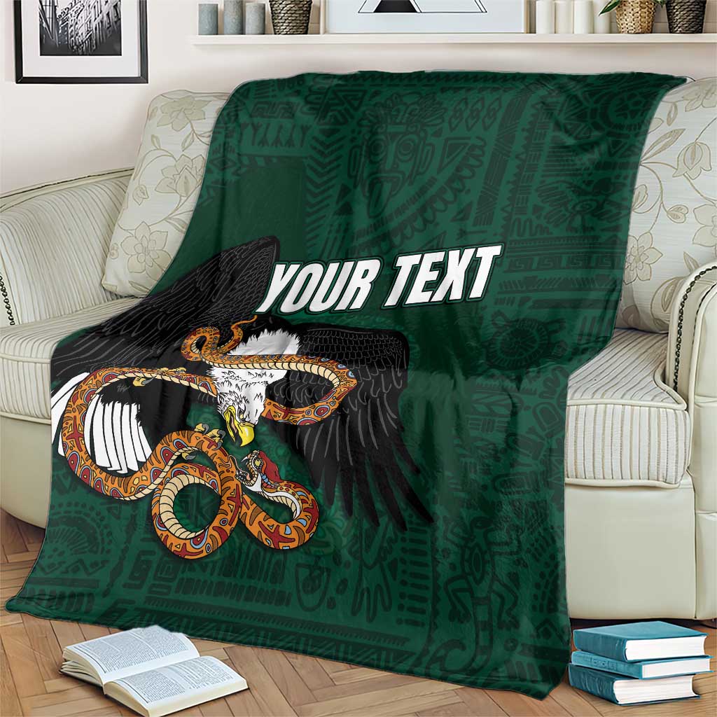 Green throw blanket on couch with eagle-and-serpent graphic and 'YOUR TEXT' text.