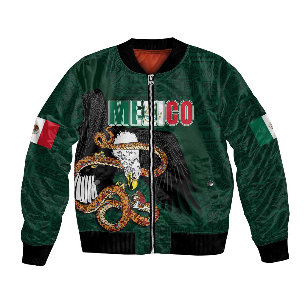 Green bomber jacket with eagle graphic, front zip, and Mexico flag sleeve detail
