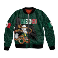Green bomber jacket with eagle graphic, front zip, and Mexico flag sleeve detail