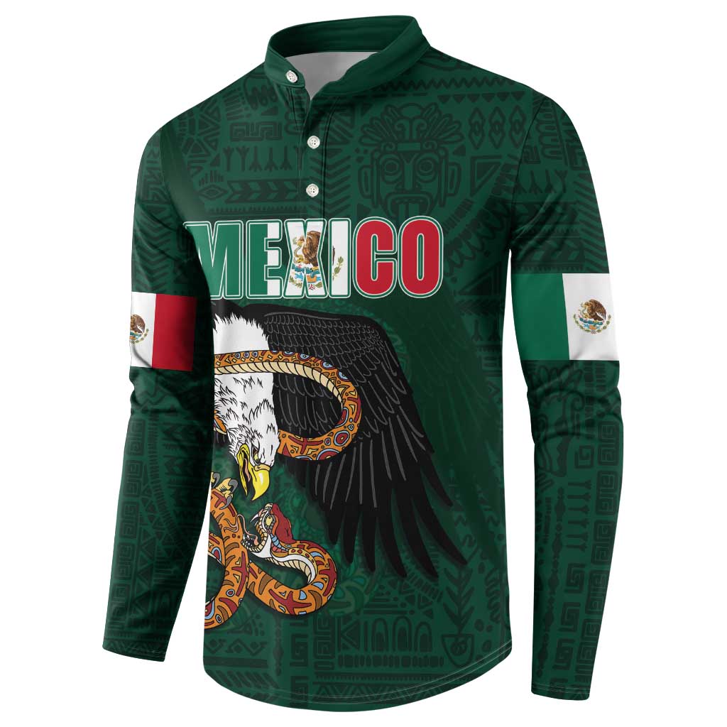 Green long-sleeve button sweatshirt with eagle snake artwork and MEXICO front print