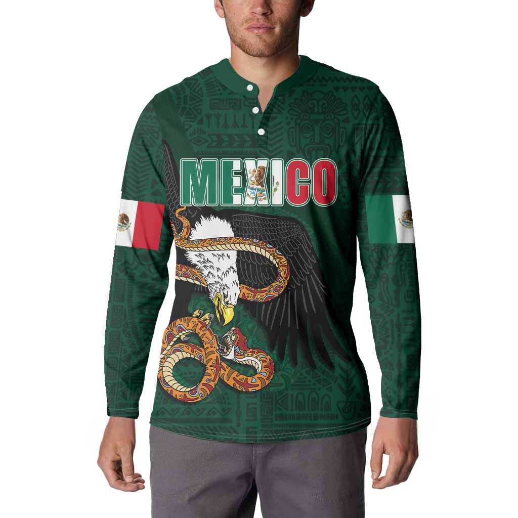 Green long-sleeve button sweatshirt with eagle graphic and MEXICO front print, flag sleeve