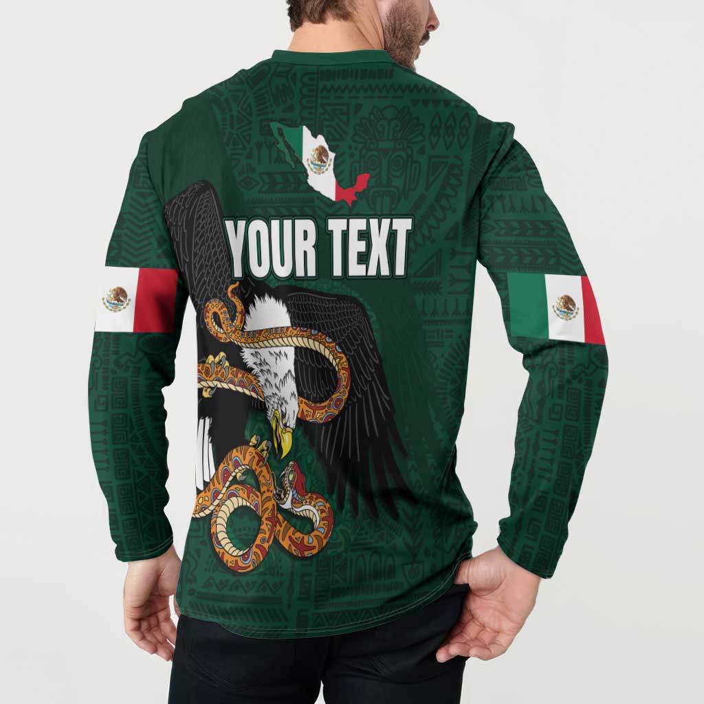 Green long-sleeve button sweatshirt with back YOUR TEXT and eagle snake artwork, flag sleeves