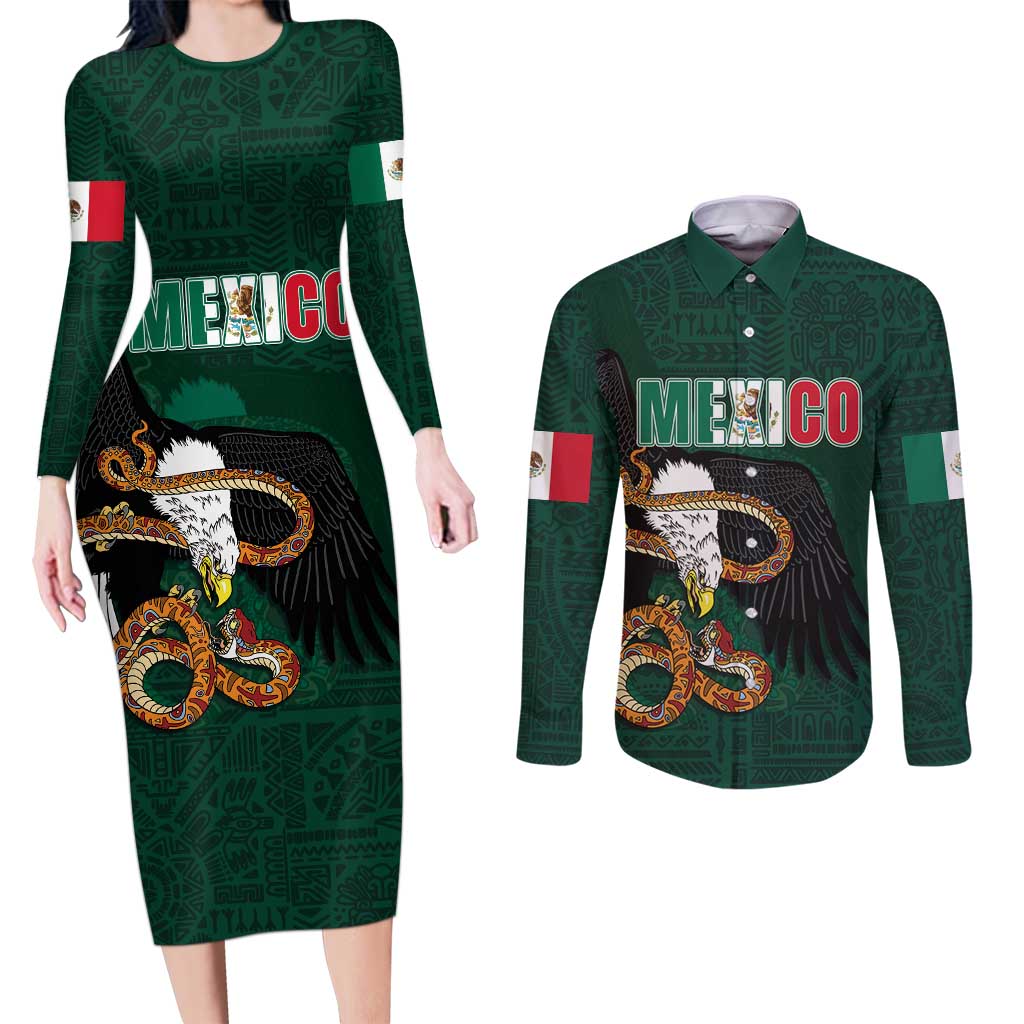 Personalized Mexican Culture Couples Matching Long Sleeve Bodycon Dress and Long Sleeve Button Shirt Aztec Spirit Mexico with Eagle Emblem and Maya Ancient