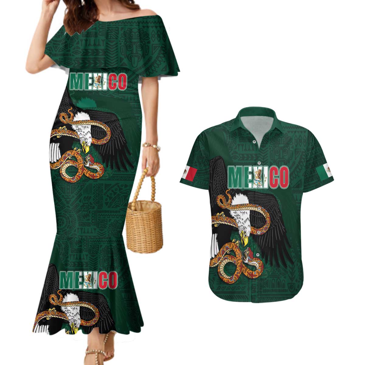 Personalized Mexican Culture Couples Matching Mermaid Dress and Hawaiian Shirt Aztec Spirit Mexico with Eagle Emblem and Maya Ancient