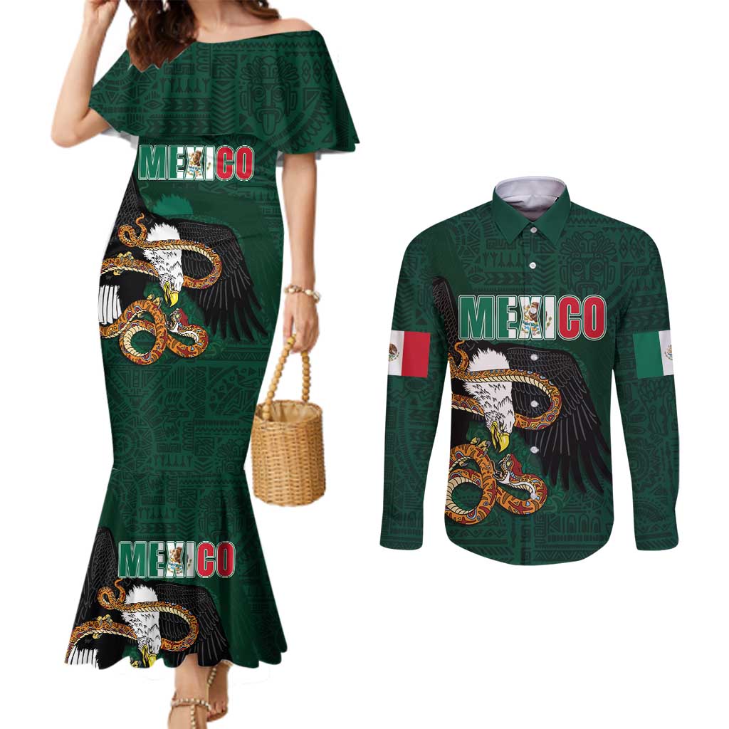 Personalized Mexican Culture Couples Matching Mermaid Dress and Long Sleeve Button Shirt Aztec Spirit Mexico with Eagle Emblem and Maya Ancient