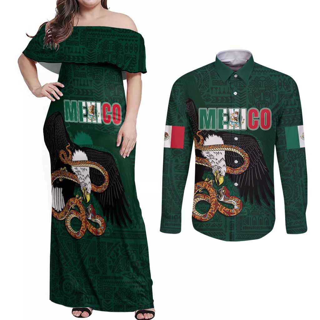 Personalized Mexican Culture Couples Matching Off Shoulder Maxi Dress and Long Sleeve Button Shirt Aztec Spirit Mexico with Eagle Emblem and Maya Ancient