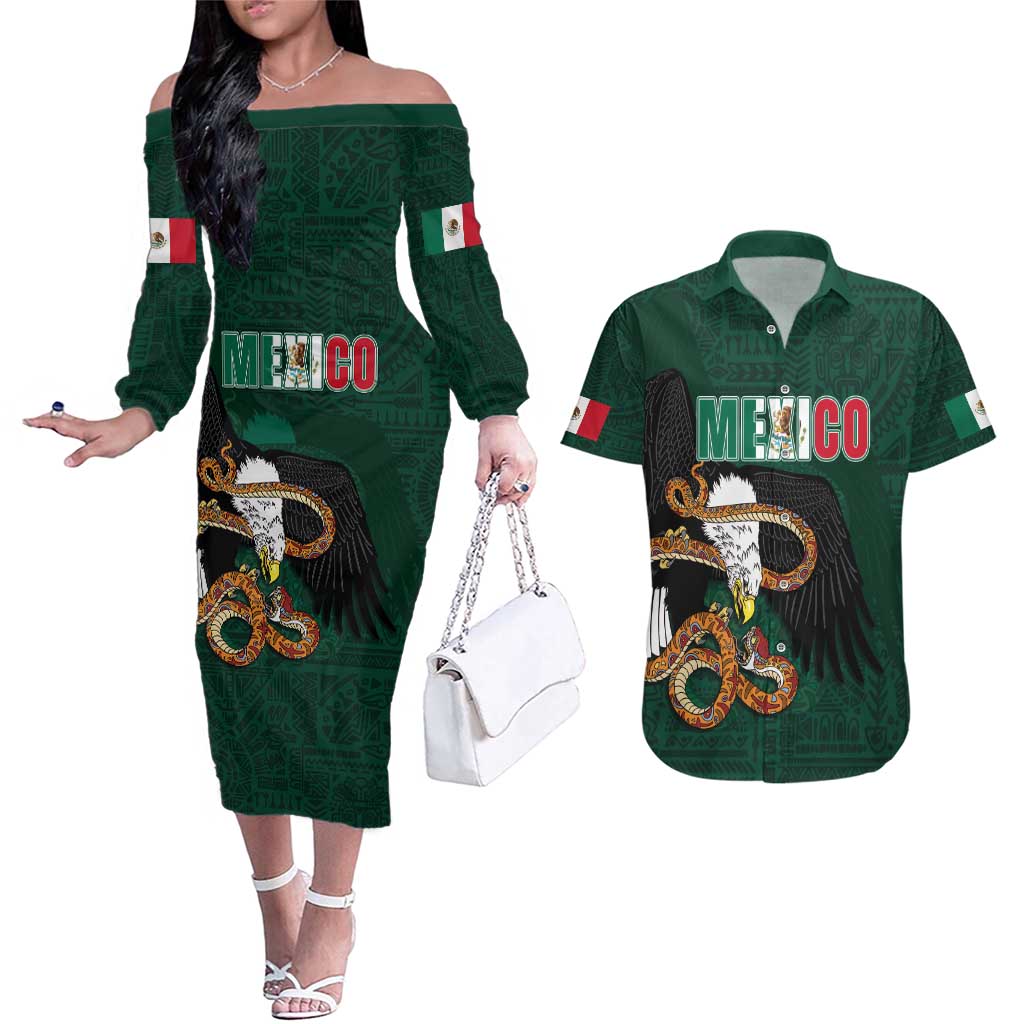 Personalized Mexican Culture Couples Matching Off The Shoulder Long Sleeve Dress and Hawaiian Shirt Aztec Spirit Mexico with Eagle Emblem and Maya Ancient