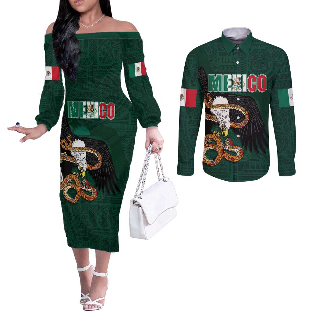 Personalized Mexican Culture Couples Matching Off The Shoulder Long Sleeve Dress and Long Sleeve Button Shirt Aztec Spirit Mexico with Eagle Emblem and Maya Ancient