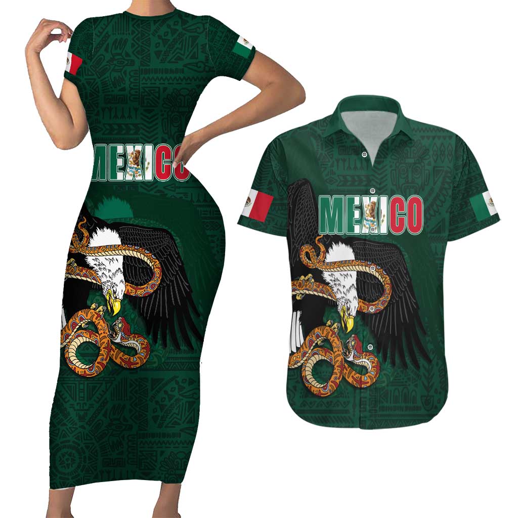 Personalized Mexican Culture Couples Matching Short Sleeve Bodycon Dress and Hawaiian Shirt Aztec Spirit Mexico with Eagle Emblem and Maya Ancient