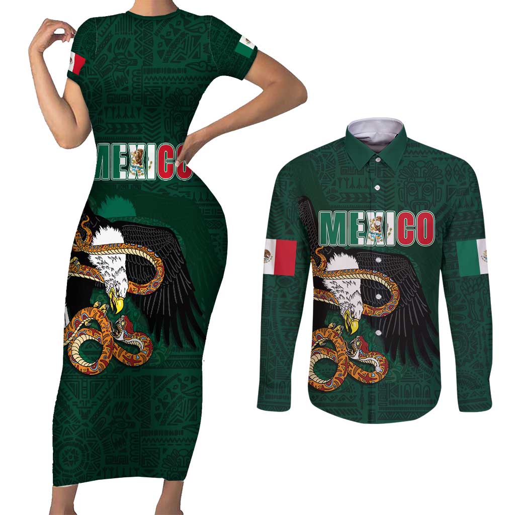 Personalized Mexican Culture Couples Matching Short Sleeve Bodycon Dress and Long Sleeve Button Shirt Aztec Spirit Mexico with Eagle Emblem and Maya Ancient