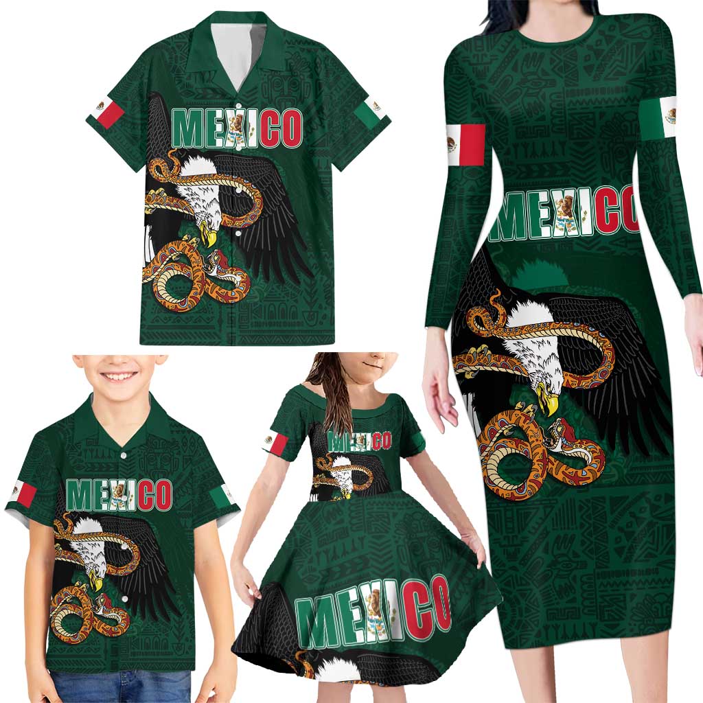 Personalized Mexican Culture Family Matching Long Sleeve Bodycon Dress and Hawaiian Shirt Aztec Spirit Mexico with Eagle Emblem and Maya Ancient