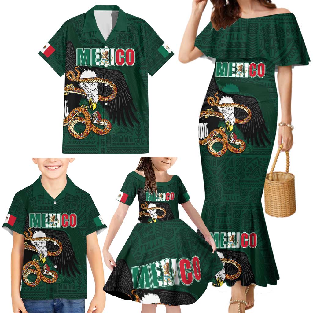 Personalized Mexican Culture Family Matching Mermaid Dress and Hawaiian Shirt Aztec Spirit Mexico with Eagle Emblem and Maya Ancient