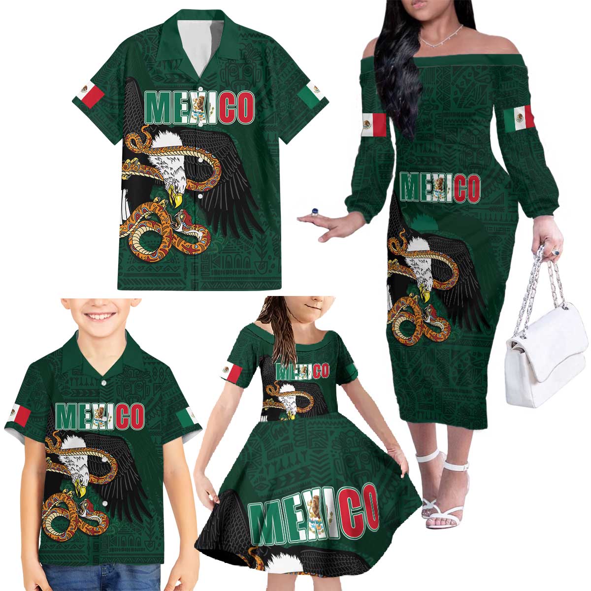 Personalized Mexican Culture Family Matching Off The Shoulder Long Sleeve Dress and Hawaiian Shirt Aztec Spirit Mexico with Eagle Emblem and Maya Ancient