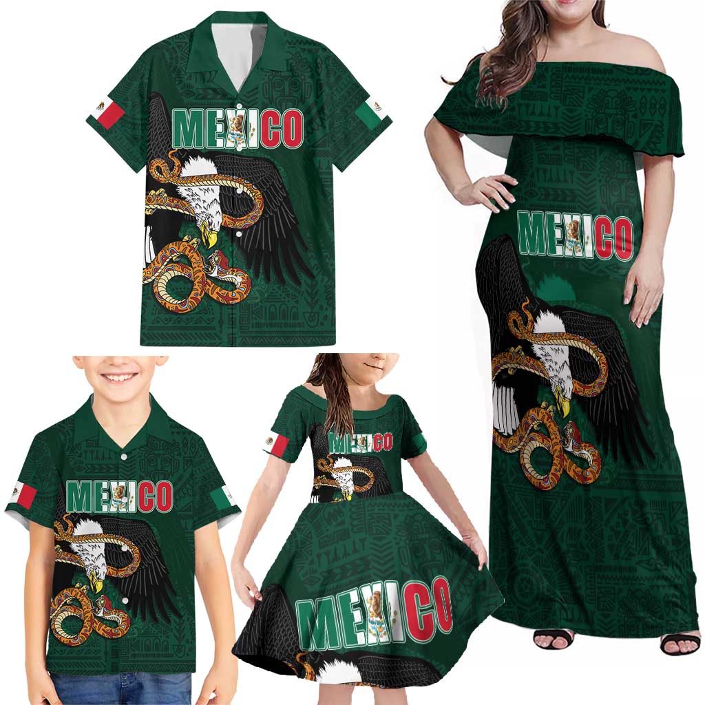 Personalized Mexican Culture Family Matching Off Shoulder Maxi Dress and Hawaiian Shirt Aztec Spirit Mexico with Eagle Emblem and Maya Ancient