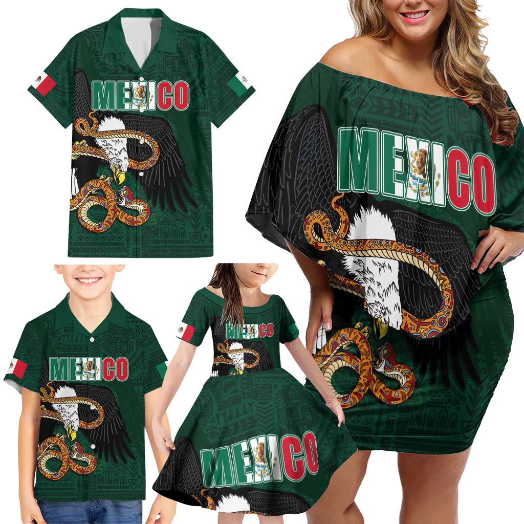 Personalized Mexican Culture Family Matching Off Shoulder Short Dress and Hawaiian Shirt Aztec Spirit Mexico with Eagle Emblem and Maya Ancient