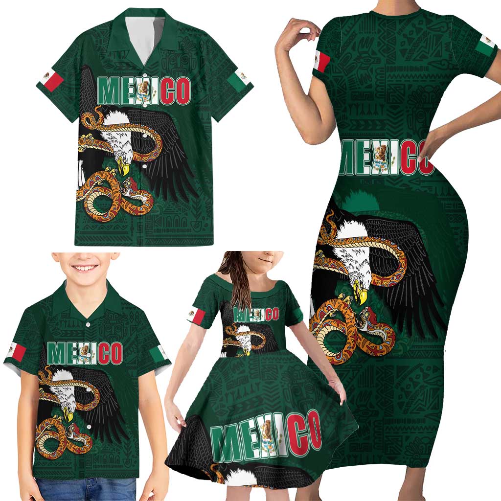 Personalized Mexican Culture Family Matching Short Sleeve Bodycon Dress and Hawaiian Shirt Aztec Spirit Mexico with Eagle Emblem and Maya Ancient