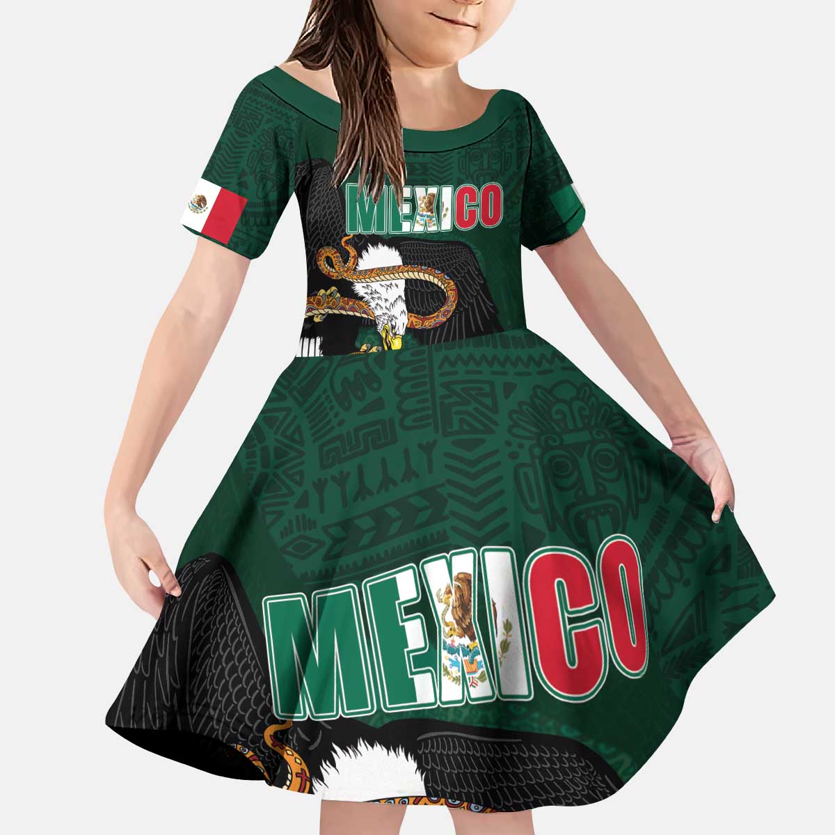 Personalized Mexican Culture Kid Short Sleeve Dress Aztec Spirit Mexico with Eagle Emblem and Maya Ancient