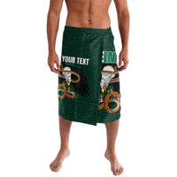 Green wrap sarong with eagle emblem, Aztec-style graphics, YOUR TEXT